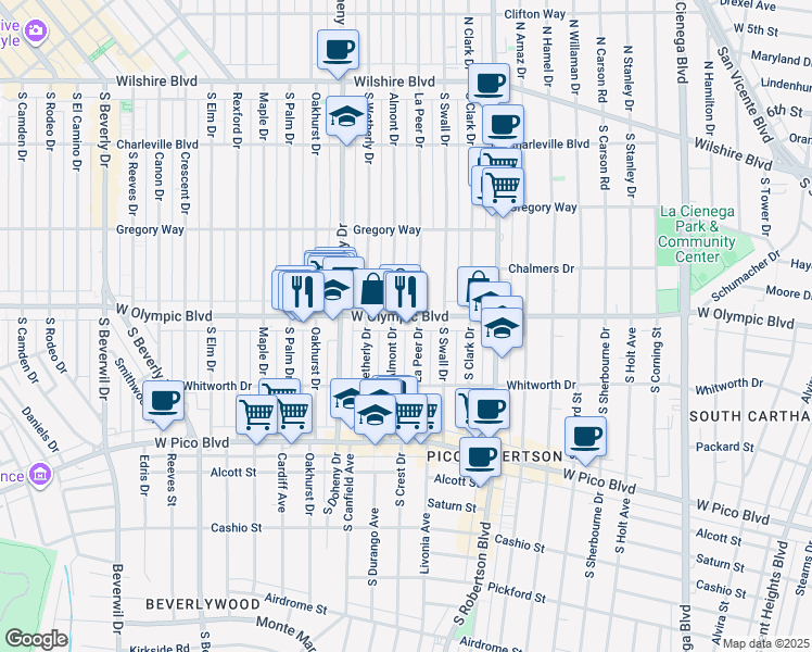 map of restaurants, bars, coffee shops, grocery stores, and more near 8950 West Olympic Boulevard in Beverly Hills