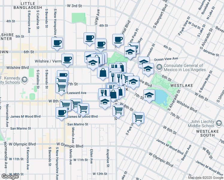 map of restaurants, bars, coffee shops, grocery stores, and more near 2841 Leeward Avenue in Los Angeles