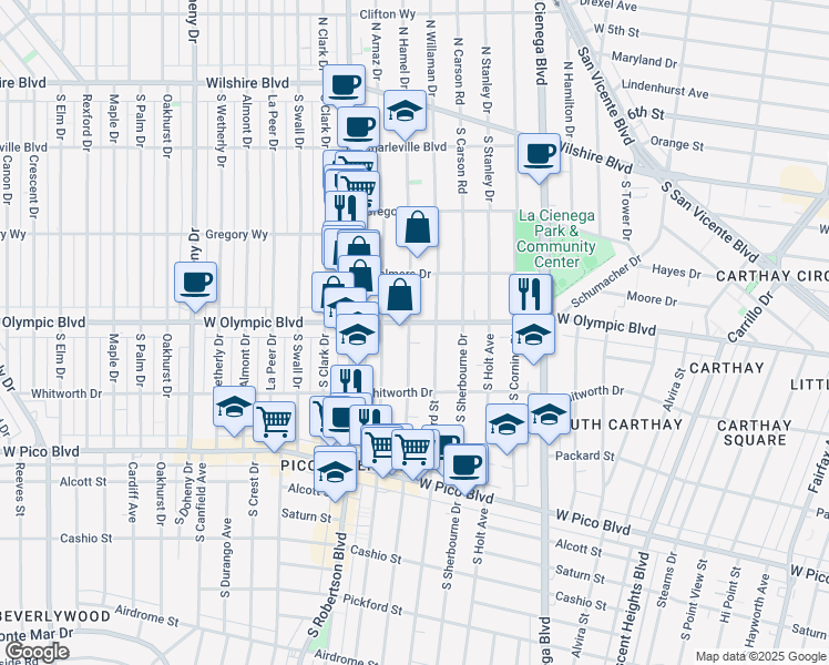 map of restaurants, bars, coffee shops, grocery stores, and more near 8686 West Olympic Boulevard in Los Angeles