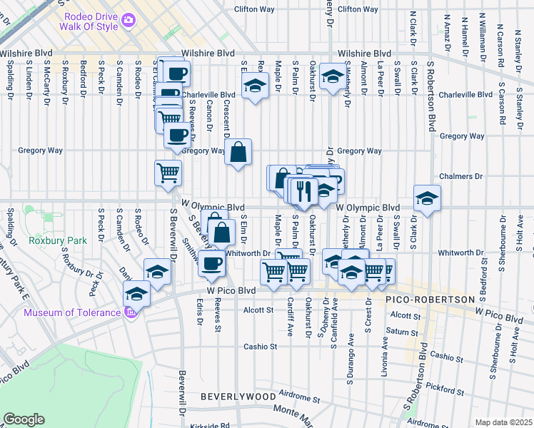 map of restaurants, bars, coffee shops, grocery stores, and more near 9248 West Olympic Boulevard in Beverly Hills
