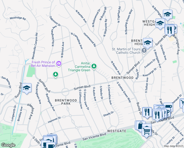 map of restaurants, bars, coffee shops, grocery stores, and more near 155 North Anita Avenue in Los Angeles