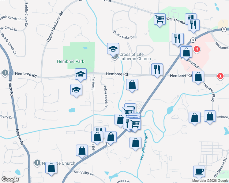 map of restaurants, bars, coffee shops, grocery stores, and more near 345 Arbor Creek Trail in Roswell