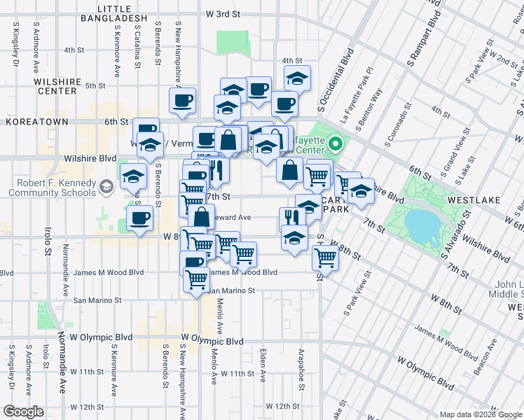 map of restaurants, bars, coffee shops, grocery stores, and more near 2939 Leeward Avenue in Los Angeles