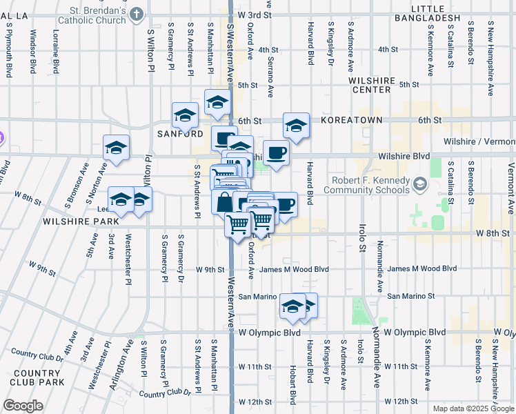 map of restaurants, bars, coffee shops, grocery stores, and more near 722 South Oxford Avenue in Los Angeles