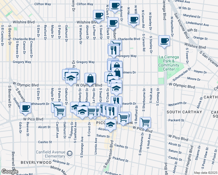 map of restaurants, bars, coffee shops, grocery stores, and more near 8822 West Olympic Boulevard in Beverly Hills