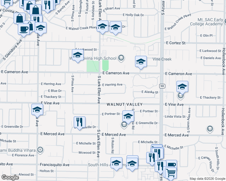 map of restaurants, bars, coffee shops, grocery stores, and more near 1439 East Thackery Avenue in West Covina