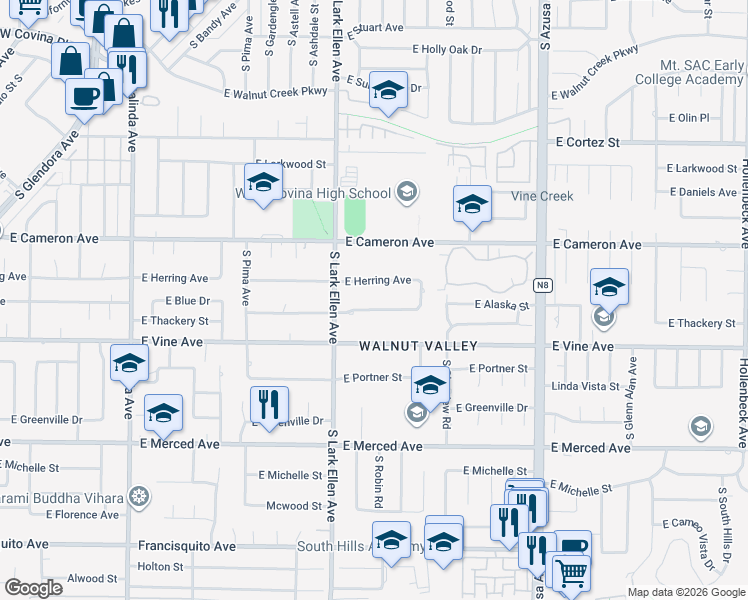 map of restaurants, bars, coffee shops, grocery stores, and more near 1439 East Thackery Avenue in West Covina