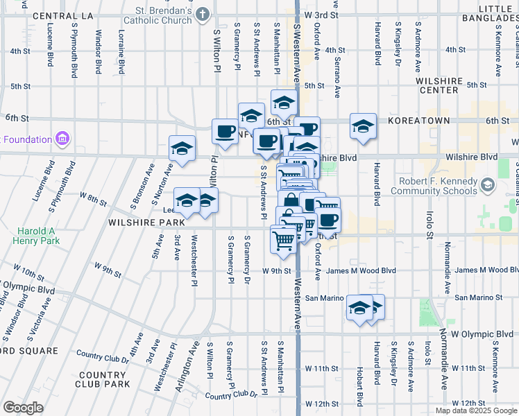 map of restaurants, bars, coffee shops, grocery stores, and more near 715 South Saint Andrews Place in Los Angeles