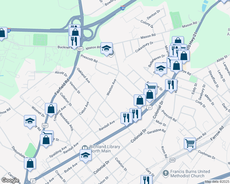 map of restaurants, bars, coffee shops, grocery stores, and more near 921 1/2 Fiske Street in Columbia