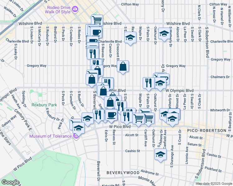 map of restaurants, bars, coffee shops, grocery stores, and more near 405 South Crescent Drive in Beverly Hills