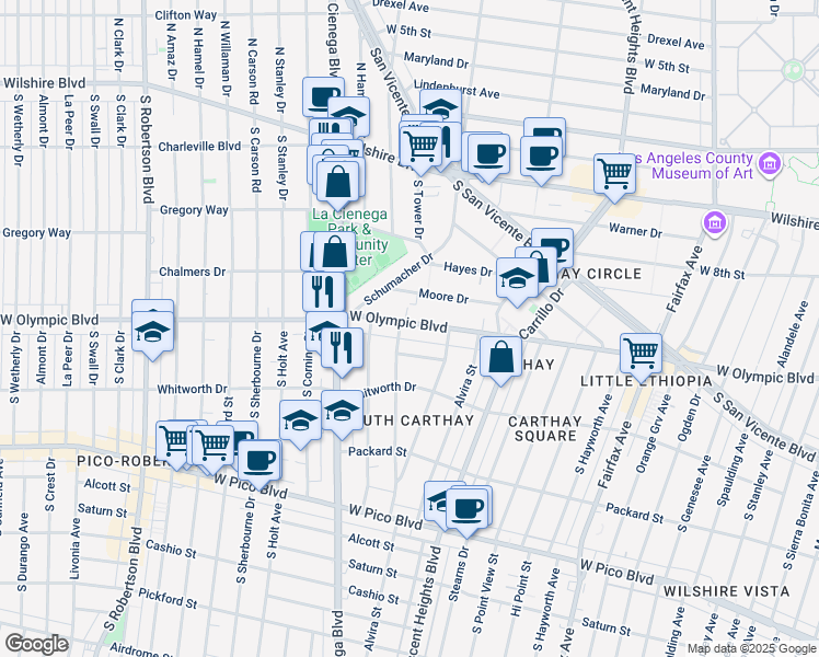 map of restaurants, bars, coffee shops, grocery stores, and more near 6544 West Olympic Boulevard in Los Angeles