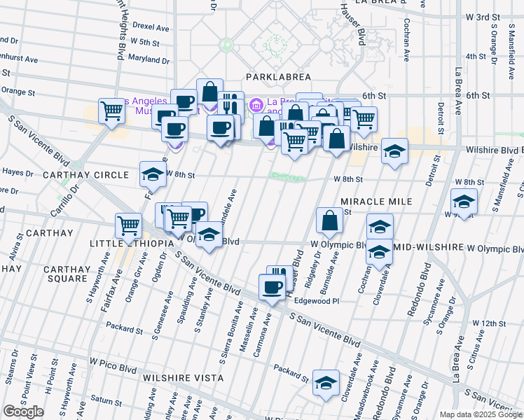 map of restaurants, bars, coffee shops, grocery stores, and more near 864 South Curson Avenue in Los Angeles
