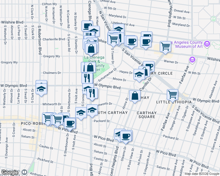 map of restaurants, bars, coffee shops, grocery stores, and more near 6544 West Olympic Boulevard in Los Angeles