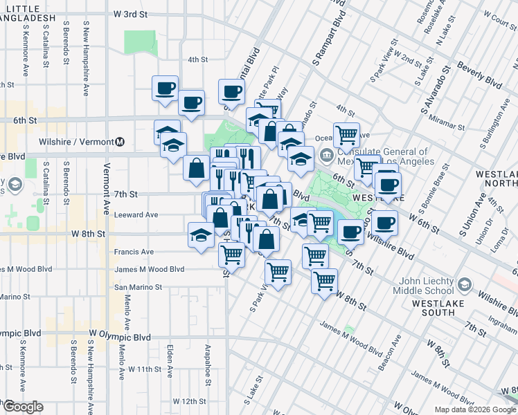 map of restaurants, bars, coffee shops, grocery stores, and more near 2539 7th Street in Los Angeles