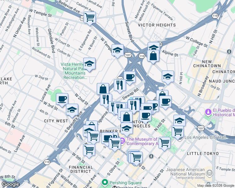 map of restaurants, bars, coffee shops, grocery stores, and more near 221 North Figueroa Street in Los Angeles
