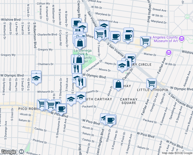 map of restaurants, bars, coffee shops, grocery stores, and more near 62091/2 West Olympic Boulevard in Los Angeles