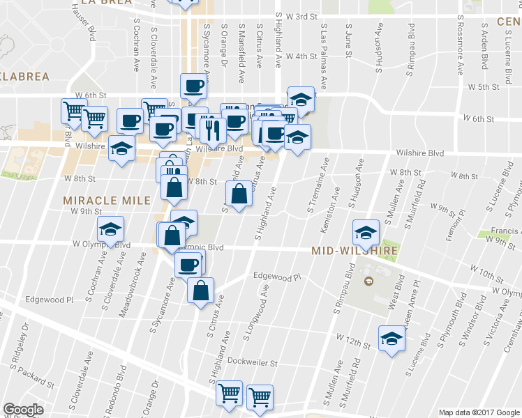map of restaurants, bars, coffee shops, grocery stores, and more near 849 South Highland Avenue in Los Angeles
