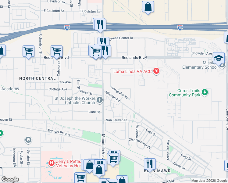 map of restaurants, bars, coffee shops, grocery stores, and more near 25803 Amapolas Street in Loma Linda