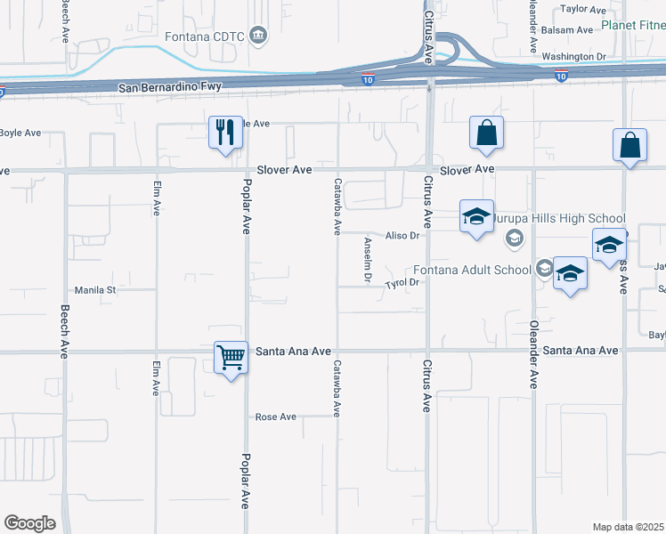 map of restaurants, bars, coffee shops, grocery stores, and more near 10798 Catawba Avenue in Fontana