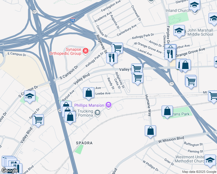 map of restaurants, bars, coffee shops, grocery stores, and more near 268 Lombard Street in Pomona