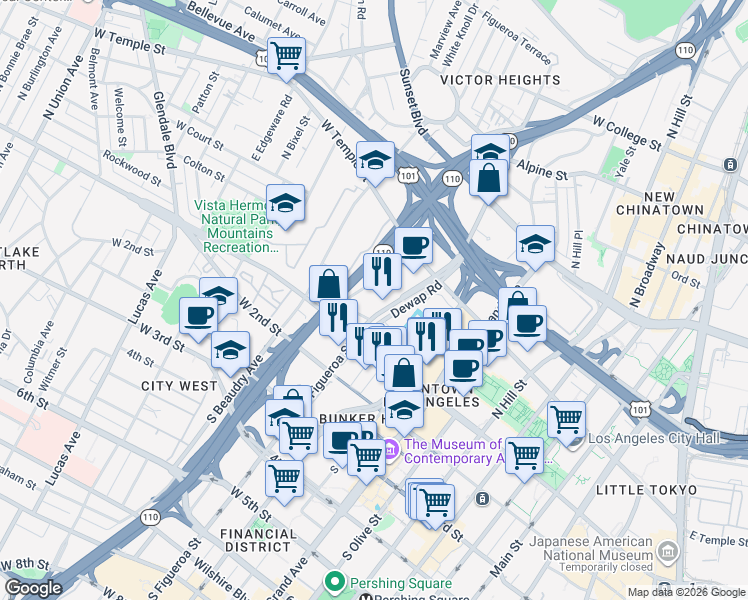 map of restaurants, bars, coffee shops, grocery stores, and more near 221 North Figueroa Street in Los Angeles