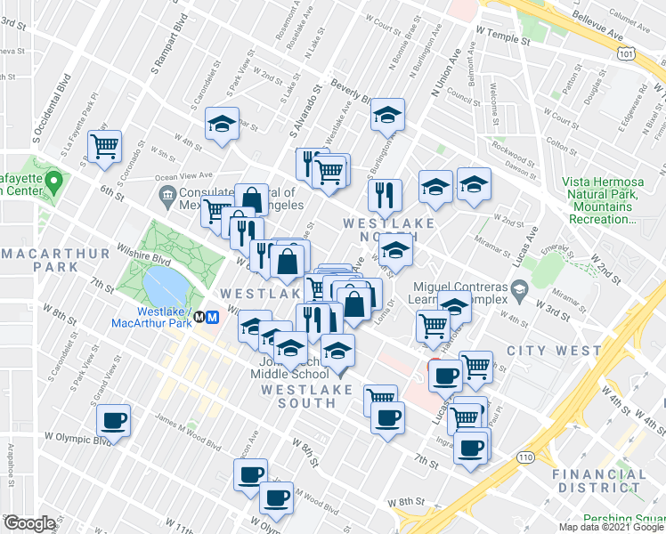 map of restaurants, bars, coffee shops, grocery stores, and more near 1801 West 5th Street in Los Angeles