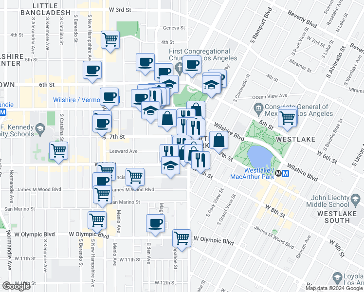 map of restaurants, bars, coffee shops, grocery stores, and more near 2841 Leeward Avenue in Los Angeles