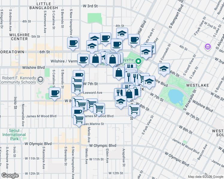 map of restaurants, bars, coffee shops, grocery stores, and more near 2911 Leeward Avenue in Los Angeles