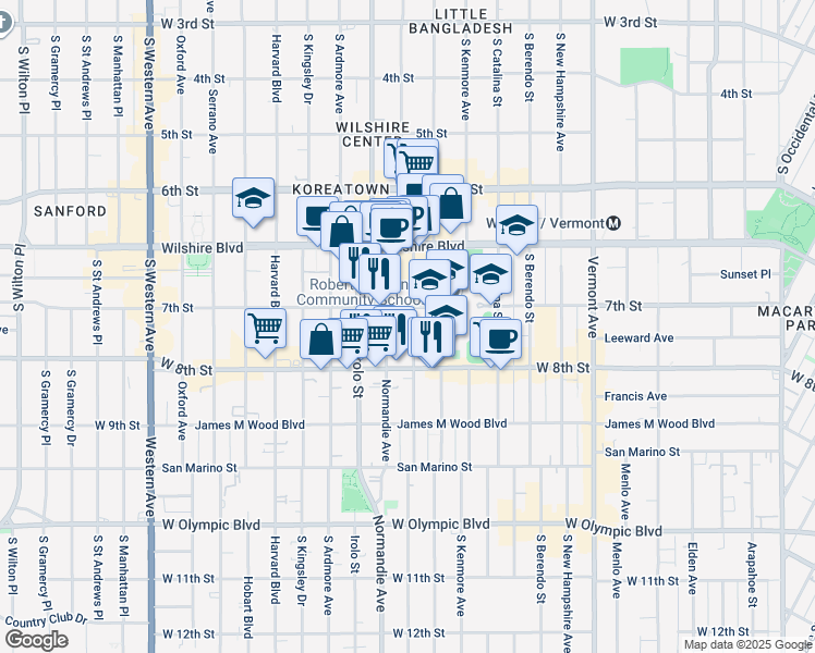 map of restaurants, bars, coffee shops, grocery stores, and more near 721 South Mariposa Avenue in Los Angeles