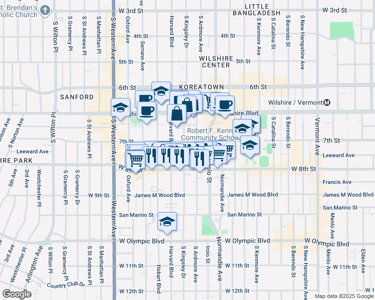 map of restaurants, bars, coffee shops, grocery stores, and more near 737 South Kingsley Drive in Los Angeles