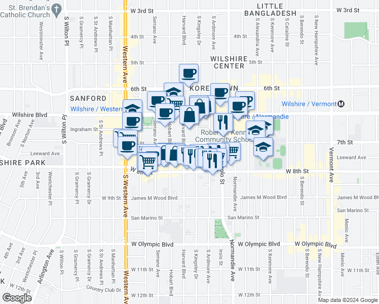 map of restaurants, bars, coffee shops, grocery stores, and more near 737 South Kingsley Drive in Los Angeles