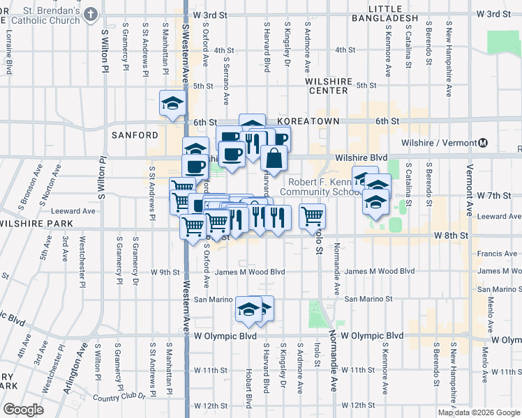 map of restaurants, bars, coffee shops, grocery stores, and more near 720 South Hobart Boulevard in Los Angeles