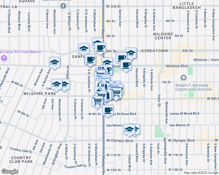 map of restaurants, bars, coffee shops, grocery stores, and more near 715 South Oxford Avenue in Los Angeles