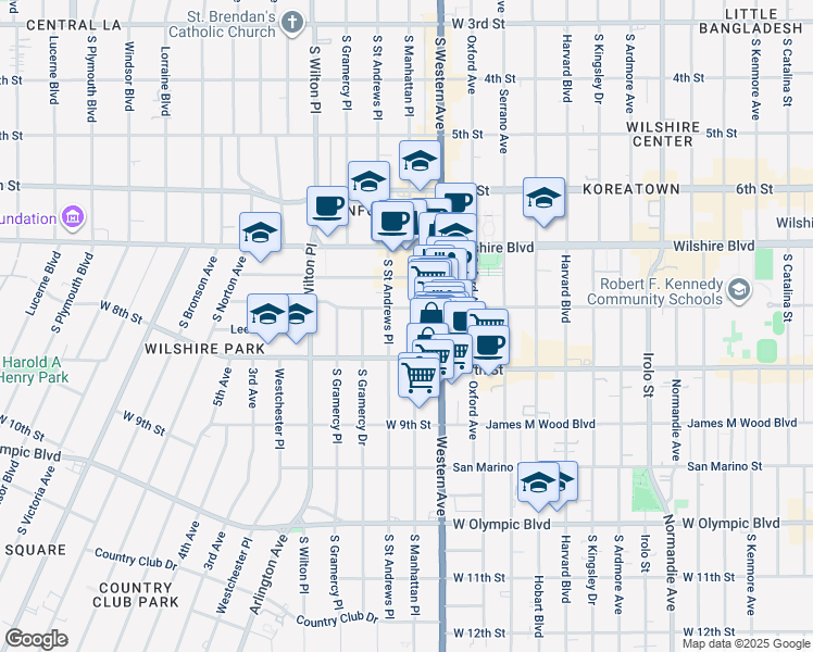 map of restaurants, bars, coffee shops, grocery stores, and more near 718 South Saint Andrews Place in Los Angeles