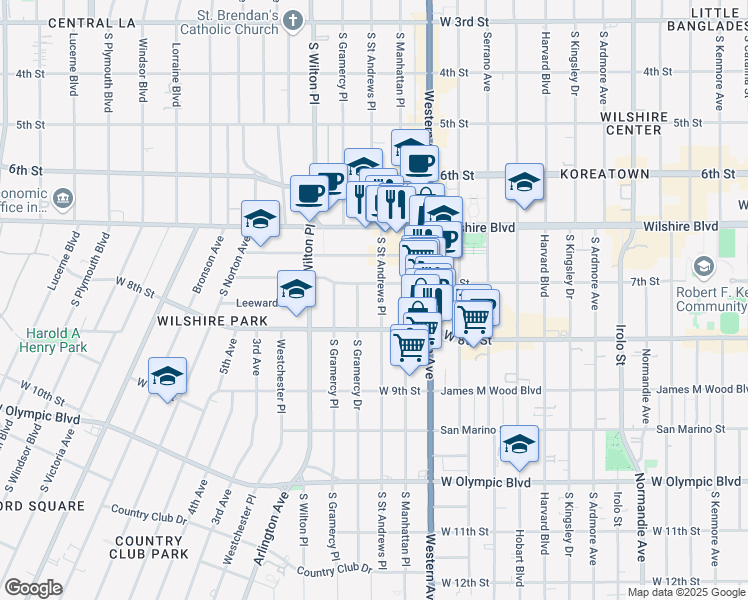 map of restaurants, bars, coffee shops, grocery stores, and more near 718 South Saint Andrews Place in Los Angeles