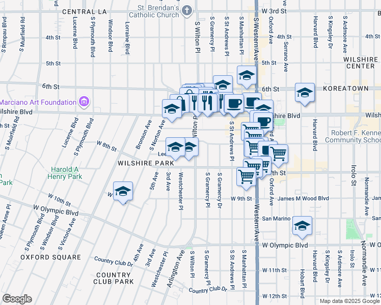map of restaurants, bars, coffee shops, grocery stores, and more near 726 South Wilton Place in Los Angeles
