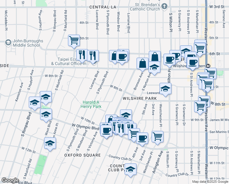 map of restaurants, bars, coffee shops, grocery stores, and more near 814 Lorraine Boulevard in Los Angeles