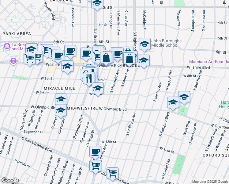 map of restaurants, bars, coffee shops, grocery stores, and more near 855 South Citrus Avenue in Los Angeles