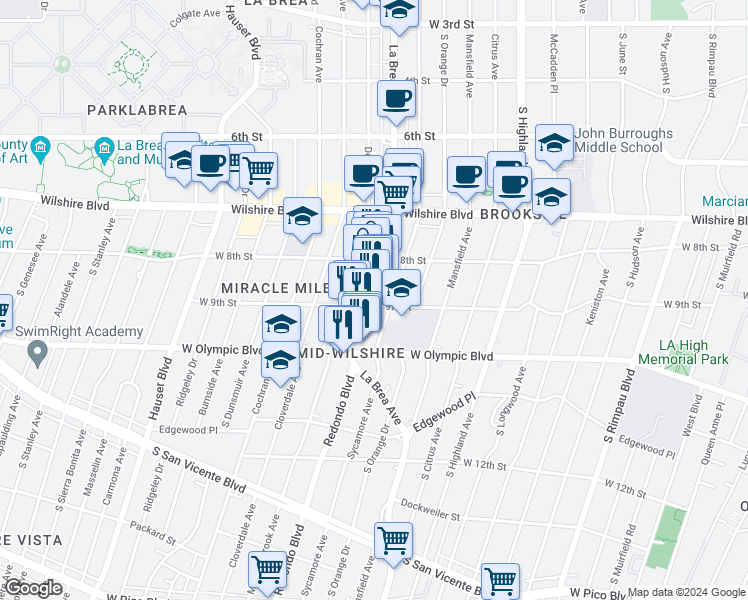 map of restaurants, bars, coffee shops, grocery stores, and more near 834 South La Brea Avenue in Los Angeles