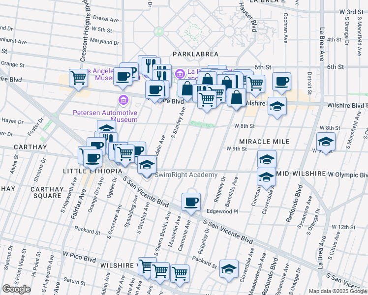 map of restaurants, bars, coffee shops, grocery stores, and more near 864 South Curson Avenue in Los Angeles