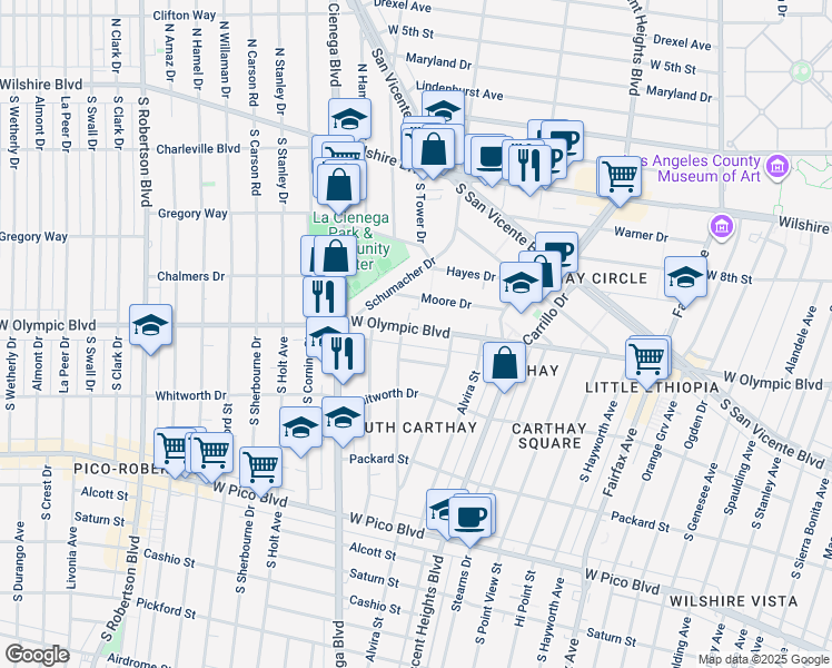 map of restaurants, bars, coffee shops, grocery stores, and more near in Los Angeles
