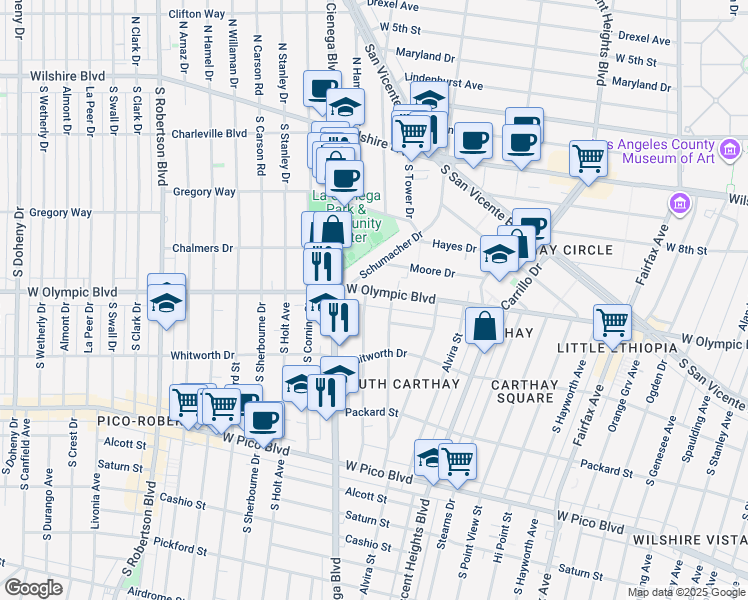 map of restaurants, bars, coffee shops, grocery stores, and more near 1009 South Orlando Avenue in Los Angeles