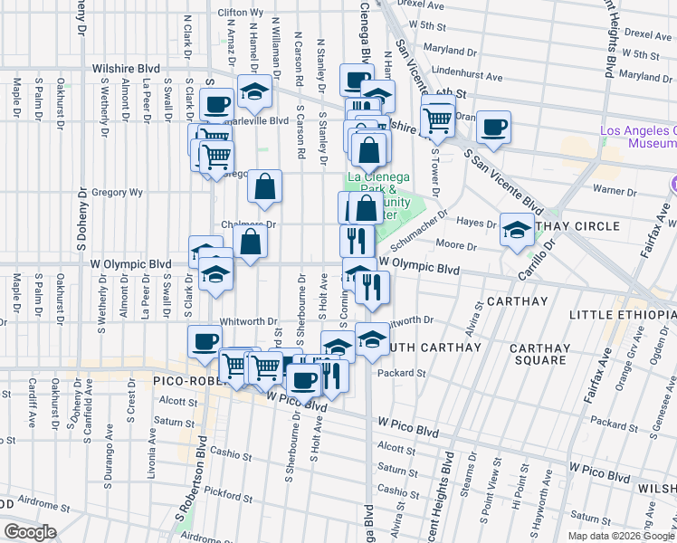 map of restaurants, bars, coffee shops, grocery stores, and more near 1010 South Corning Street in Los Angeles