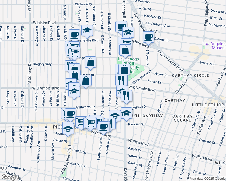 map of restaurants, bars, coffee shops, grocery stores, and more near 1001 South Holt Avenue in Los Angeles