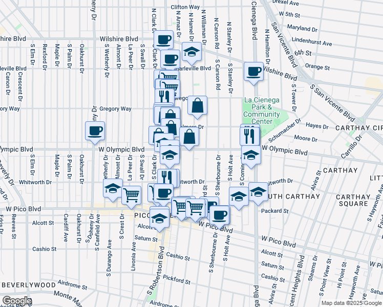map of restaurants, bars, coffee shops, grocery stores, and more near 1007 South Shenandoah Street in Los Angeles