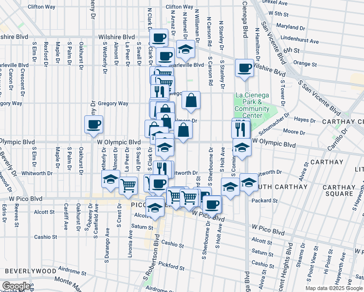 map of restaurants, bars, coffee shops, grocery stores, and more near 1007 South Shenandoah Street in Los Angeles