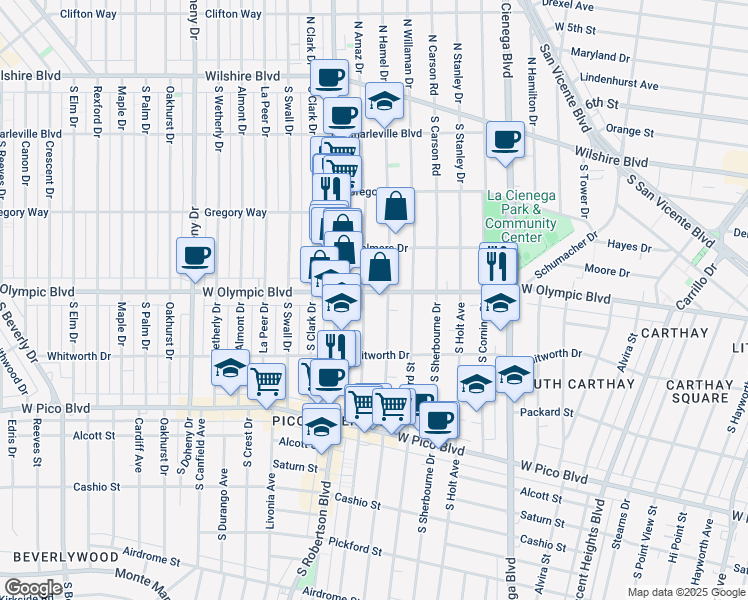 map of restaurants, bars, coffee shops, grocery stores, and more near 1007 South Shenandoah Street in Los Angeles