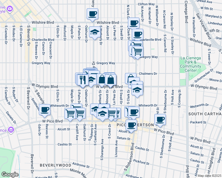 map of restaurants, bars, coffee shops, grocery stores, and more near 8950 West Olympic Boulevard in Beverly Hills