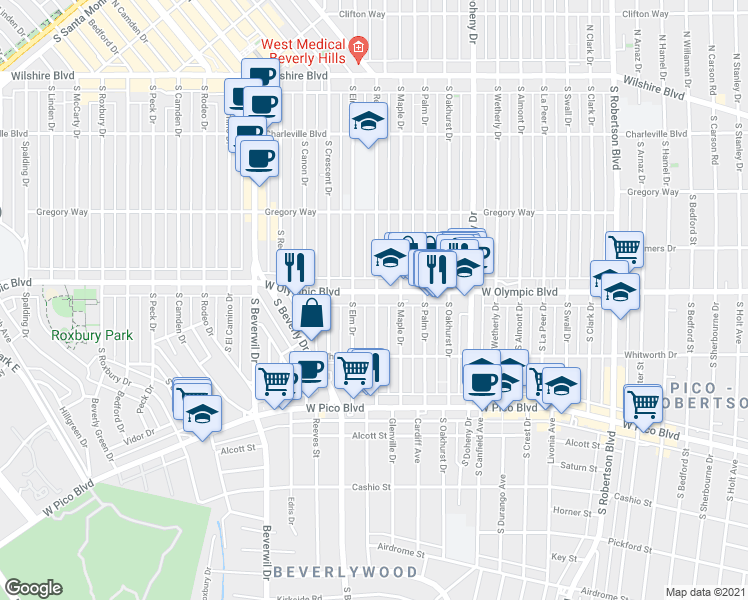 map of restaurants, bars, coffee shops, grocery stores, and more near in Beverly Hills
