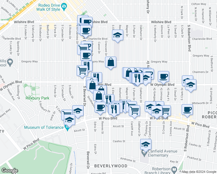 map of restaurants, bars, coffee shops, grocery stores, and more near 9330 West Olympic Boulevard in Beverly Hills